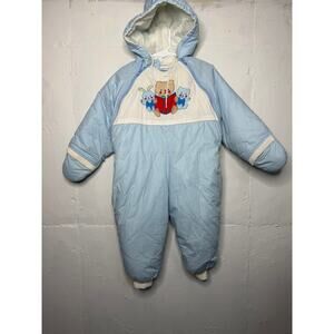 Vintage Baby Snowsuit 24 Months Blue Embroidered Hooded One Piece Booties